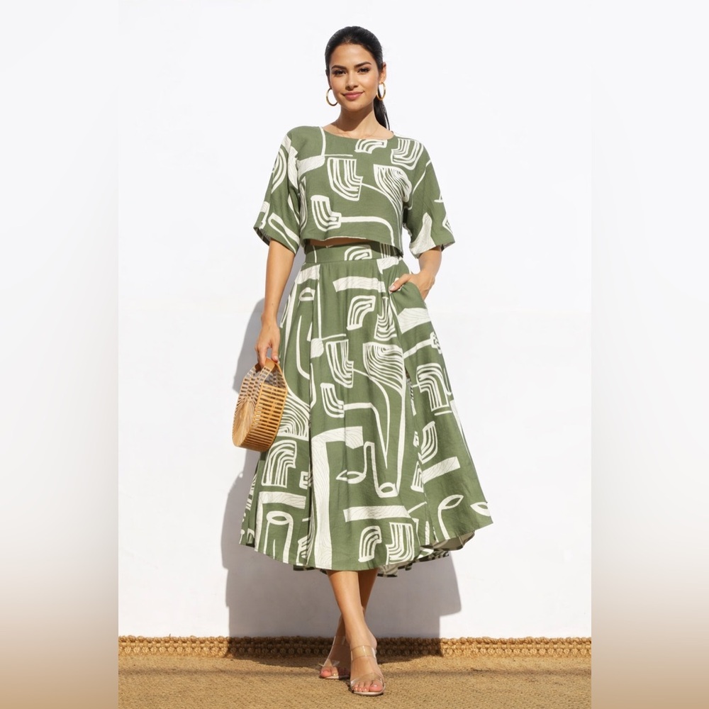 NWT Green Abstract Print Two Piece Set | Boho Midi Skirt & Crop Top